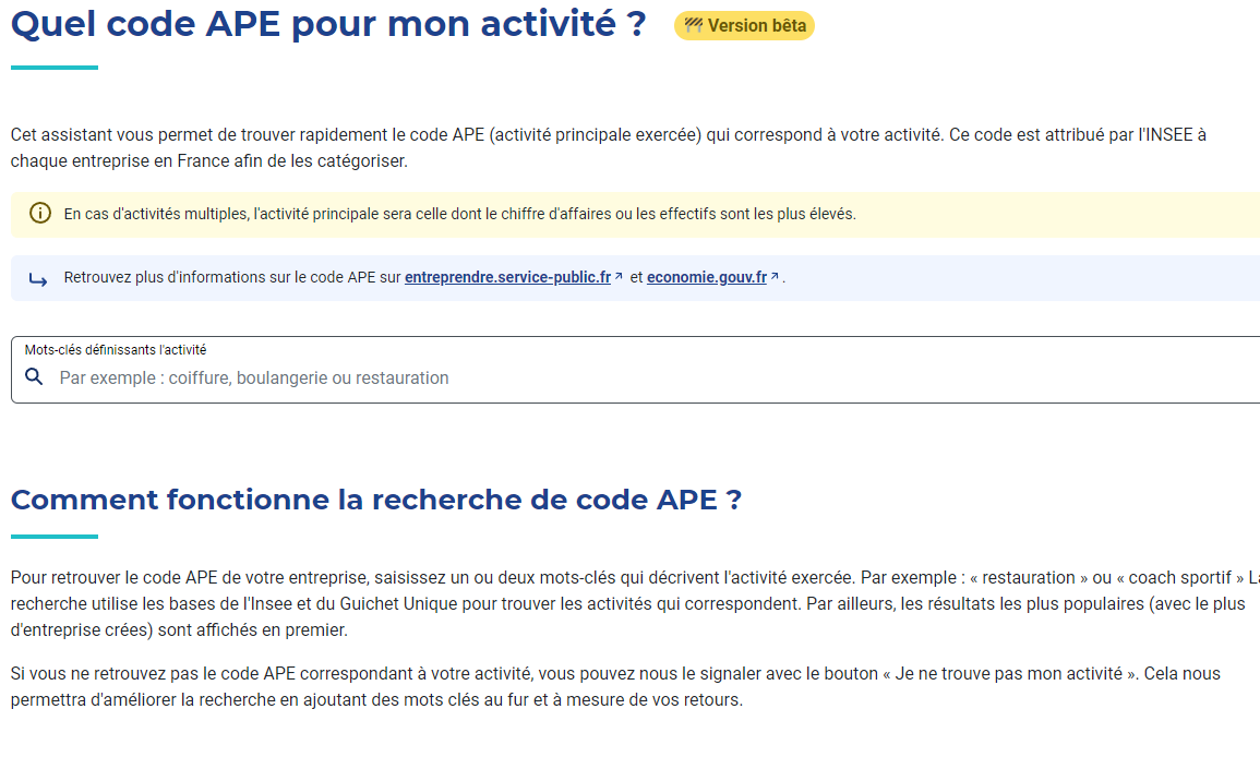 Image de la page Code APE et activité